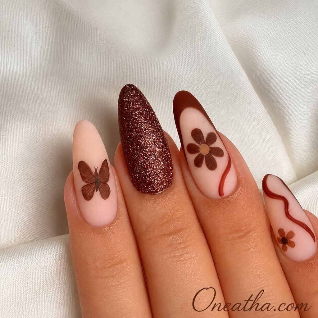 Oneatha brown sparkle butterfly nails with floral designs, luxury almond nail set with glitter brown polish, cute butterfly nail art with flower accents, elegant feminine sparkle manicure inspired by Oneatha beauty aesthetic, soft glam brown nails with decorative butterfly and floral details