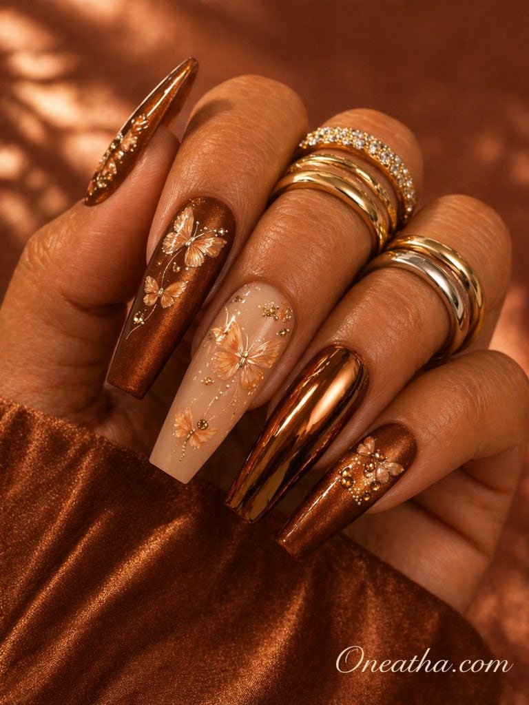 Golden sparkle butterfly nails with chrome finish, square coffin nail design with luxury golden manicure, elegant butterfly nail art with glitter accents, glamorous sparkling nail set with golden chrome aesthetic, Oneatha-inspired butterfly nails with soft shimmer glow and high-end beauty style