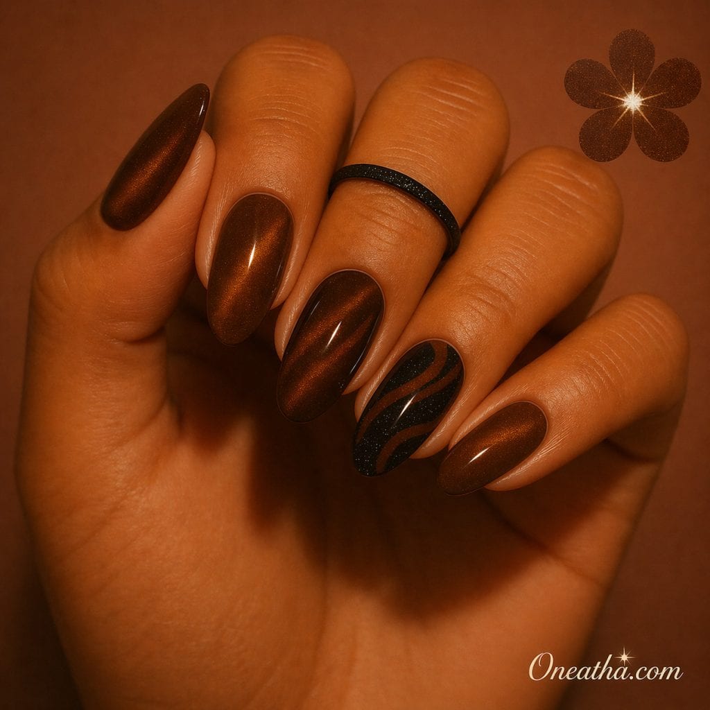 Midnight sparkle nails with black glitter base and golden brown swirl accent nail, luxury almond nail design with elegant shimmer finish, dark aesthetic manicure with sparkling glitter details, Oneatha-inspired midnight nail set with bold glamorous style and soft glowing accent design