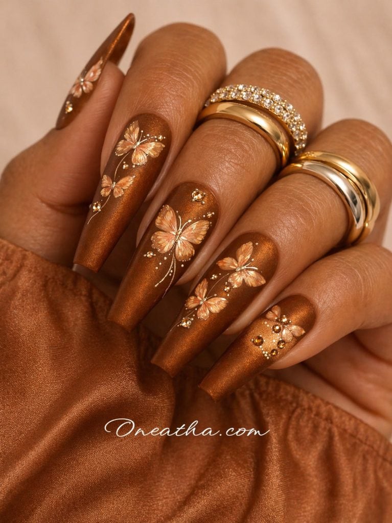 Gold chrome brown nails with butterfly glitter accents and glossy metallic finish.