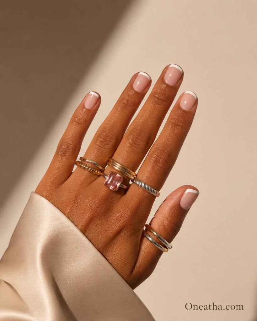 Elegant square-shaped classic French tip nails featuring a glossy nude base and crisp white tips, photographed in soft natural lighting for a timeless and sophisticated manicure look.