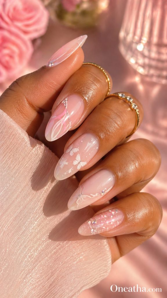 Sparkle butterfly nail designs by Oneatha featuring shimmering accents on elegant nail shapes, perfect butterfly nail designs by Oneatha with a timeless, feminine aesthetic suitable for any season.