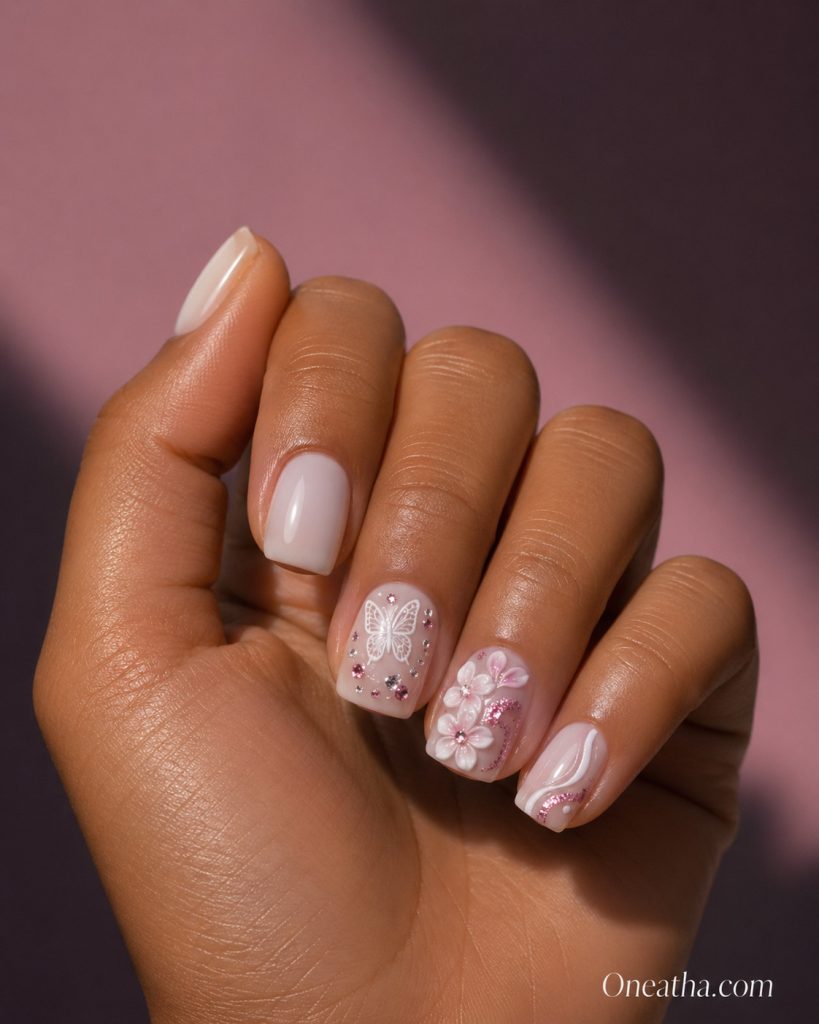 These short butterfly nails are stunning, dreamy, and full of charm. The delicate butterfly details add a whimsical touch while keeping the manicure elegant and wearable. If you're looking for a design that feels feminine, beautiful, and effortlessly stylish, you'll love this butterfly nails design.