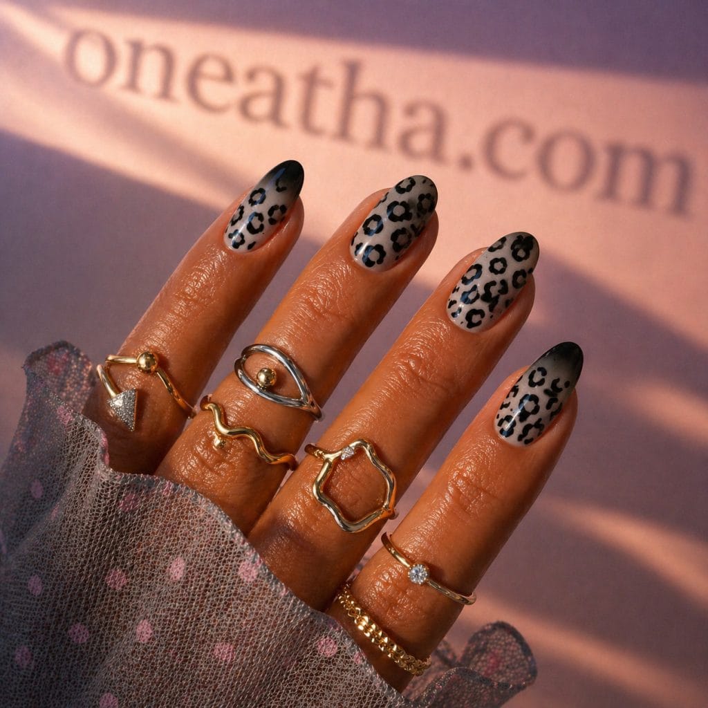 Short Luxe leopard nails by Oneatha featuring short, perfectly shaped luxury acrylic nails with chic leopard print nail art and a glossy finish.