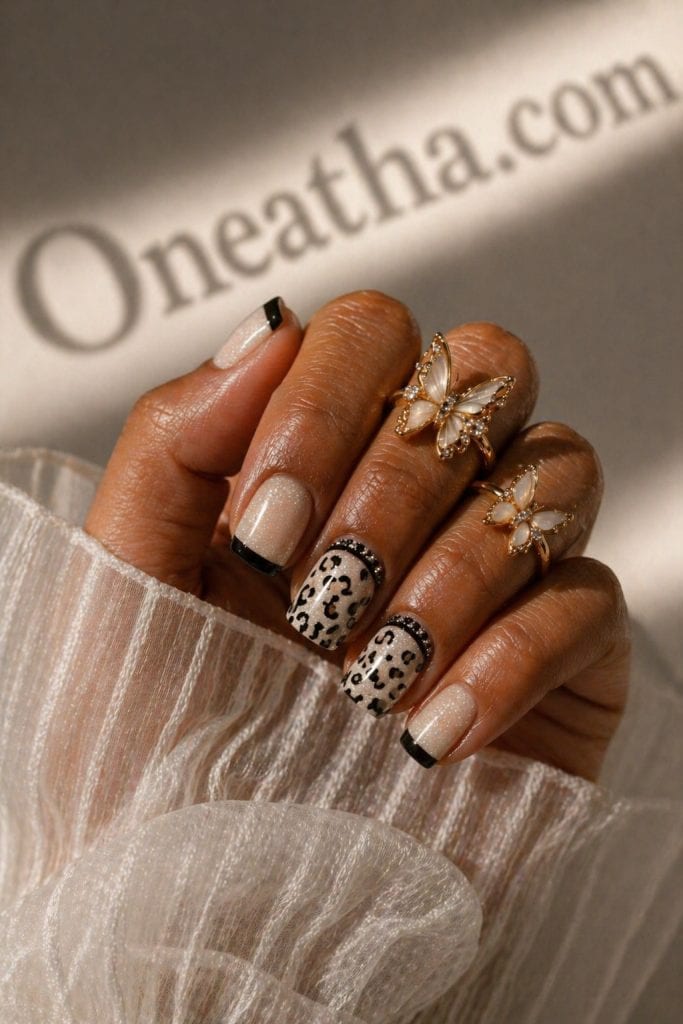 Leopard nails by Oneatha featuring short soft-edge nails with black French tips, glittery nude base, glossy finish, and bold leopard print accent nails for a glamorous look.