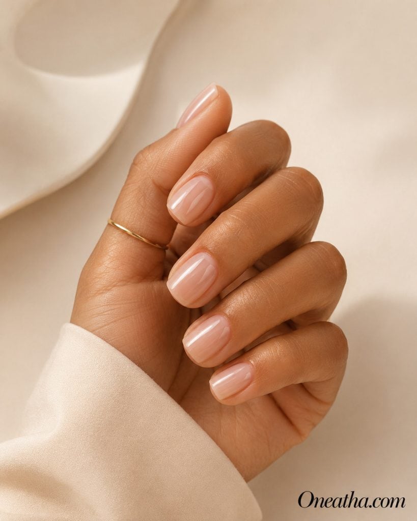 Luxury nail designs by Oneatha featuring short glossy nude nails with a classic minimalist finish. These elegant, simple nails offer a timeless luxury manicure perfect for everyday wear.