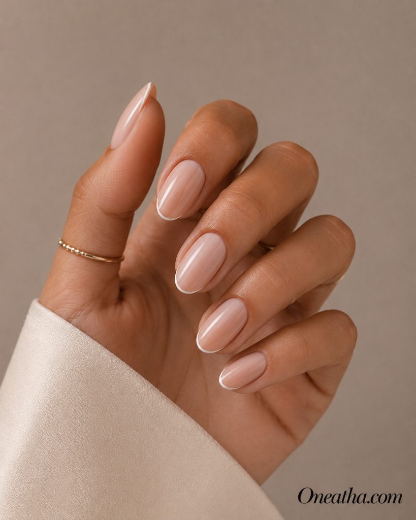 Luxury nail designs by Oneatha featuring deep micro French tip nails on a sheer nude almond-shaped base with a glossy finish. This elegant minimalist manicure delivers a timeless, sophisticated, and luxurious look.