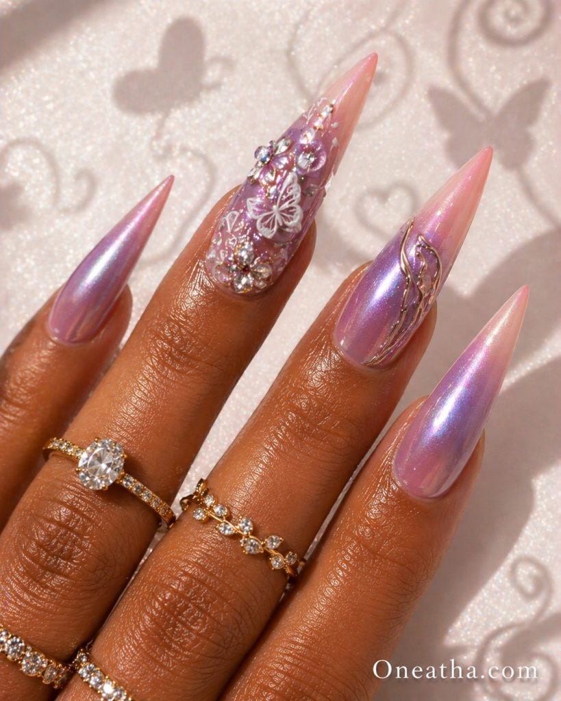 Butterfly purple aura nail designs by Oneatha featuring long almond nails with a sheer lilac base, soft purple aura effect, light pink tips, and elegant butterfly-inspired details.