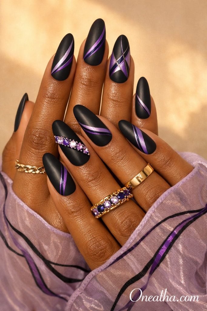 Oneatha Matte Nails featuring black matte nails with purple line nail art, elegant minimalist manicure, luxury matte nail design, and trendy purple nail inspiration.