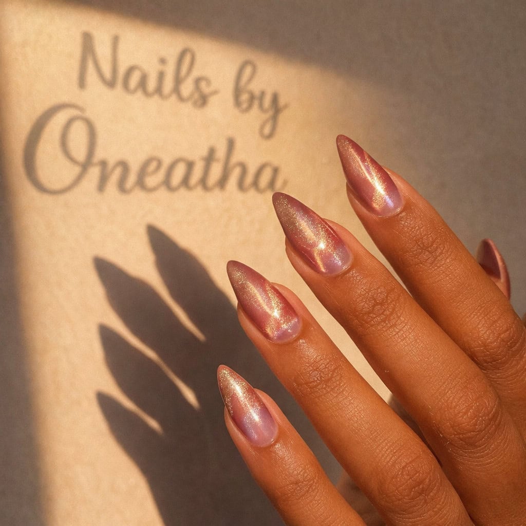 Brown, purple, and gold aura nails with shimmering and sparkling accents, luxe baddie nail design by Oneatha.