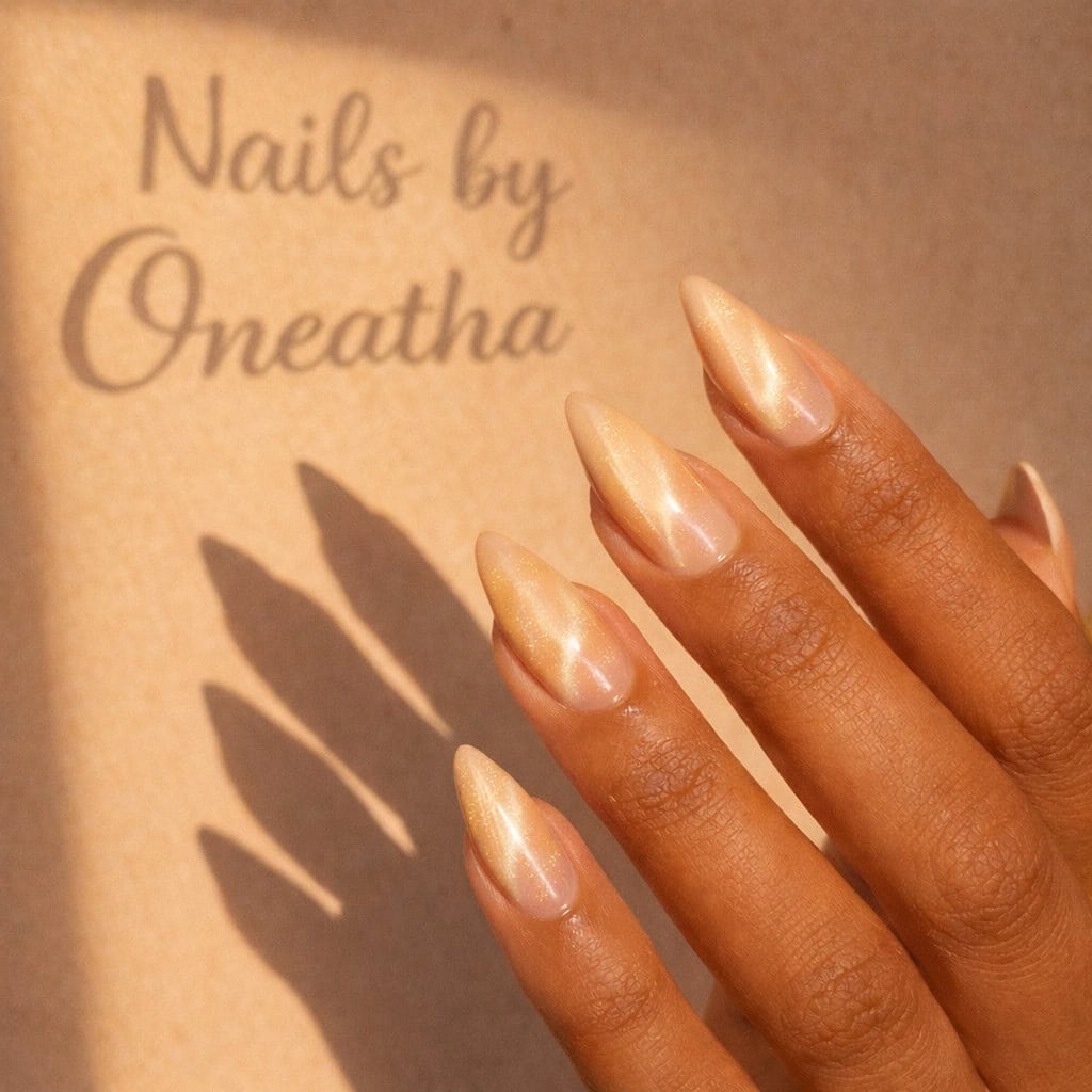 Peachy cat-eye aura nails with sunlit glow on almond-shaped nails, soft luxury baddie nail design by Oneatha.