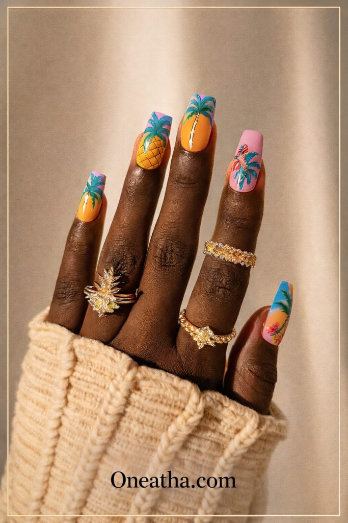 Square tropical nails with pineapple nail art and pink accent nail, radiant summer baddie design by Oneatha.