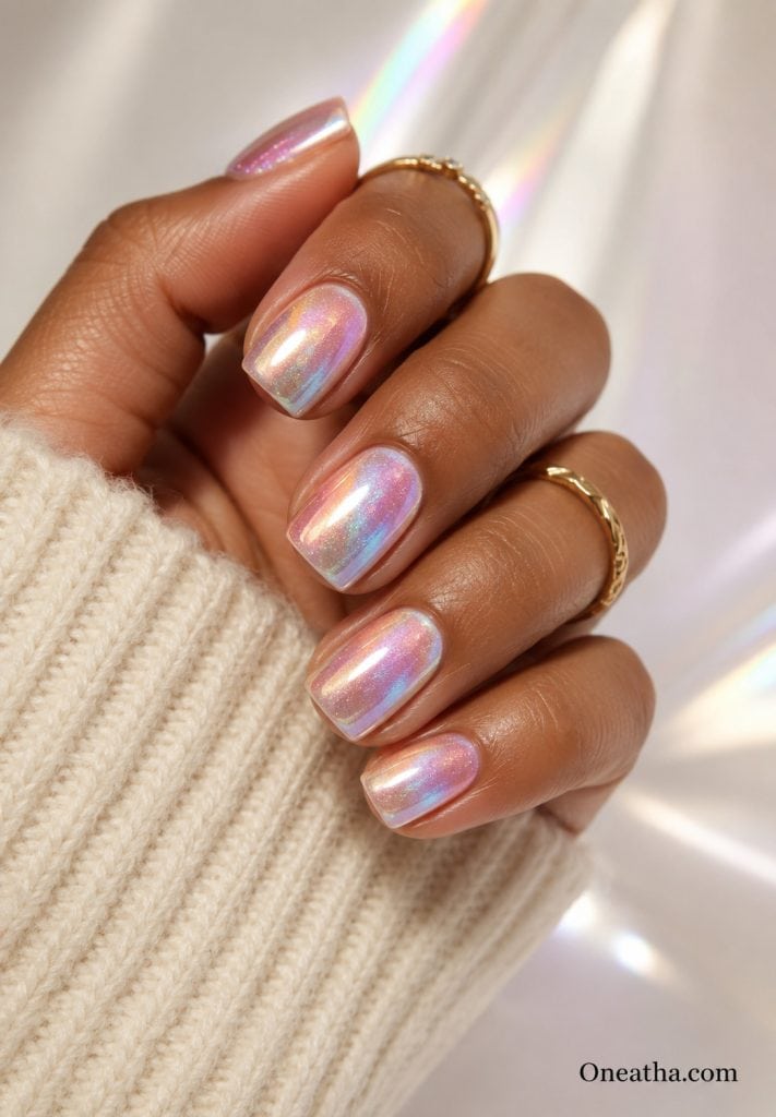 Short rainbow aura sparkle nails.