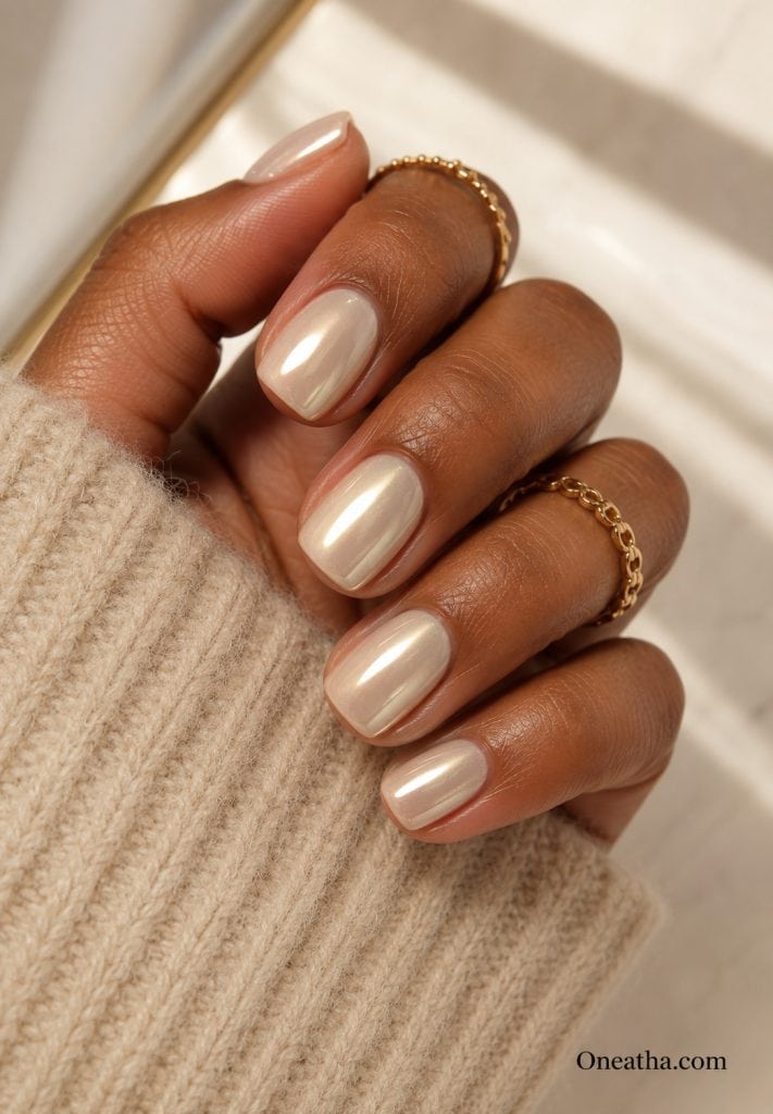 Milky nude chrome nails.