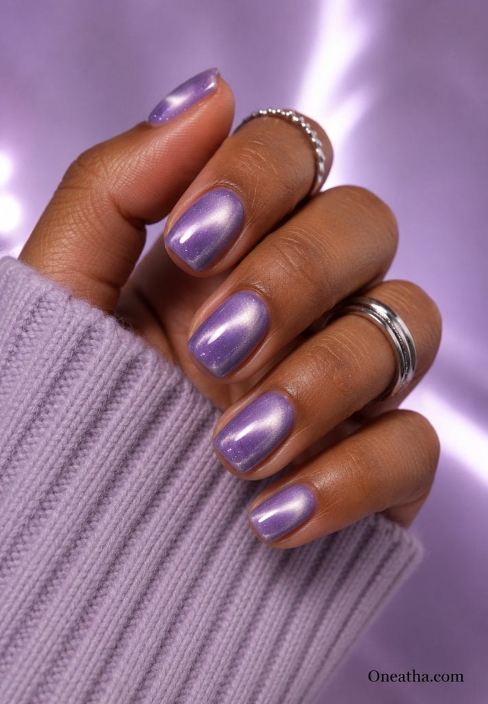 Lavender cat-eye short nails.