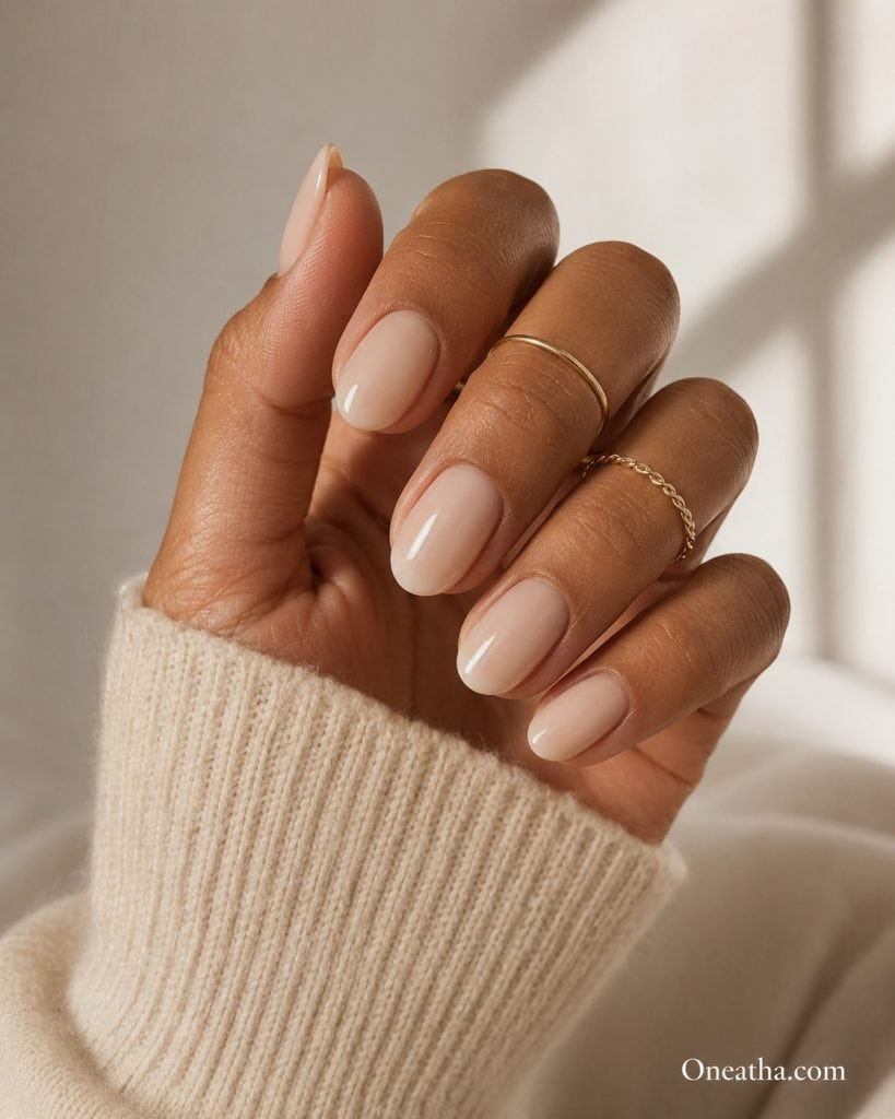Milky nude minimalist nails.
