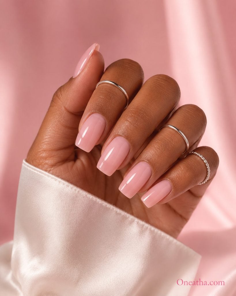 Glossy blush pink nails.