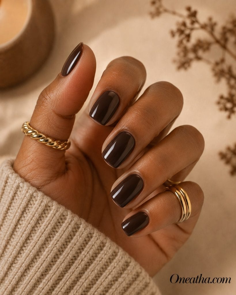 Luxury espresso brown short square nail designs by Oneatha featuring a glossy finish on a warm cinnamon-toned hand with luxe rings against a soft beige editorial background.