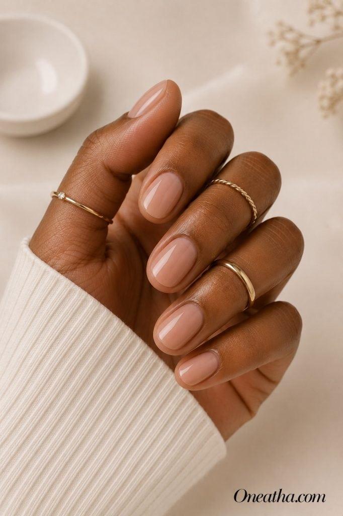Luxury nail designs by Oneatha featuring natural short nails with a high-gloss clear finish, gold rings, and a soft ivory editorial background in a clean girl aesthetic.