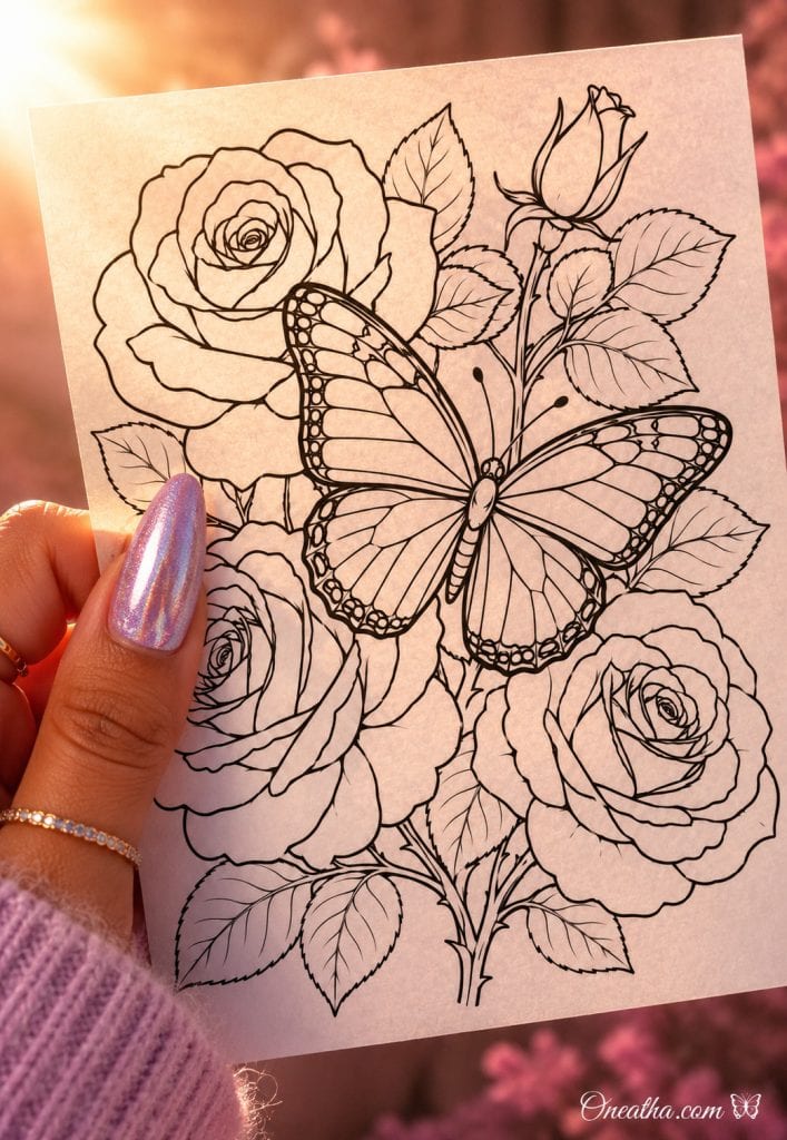 Butterfly and roses coloring page by Oneatha.
