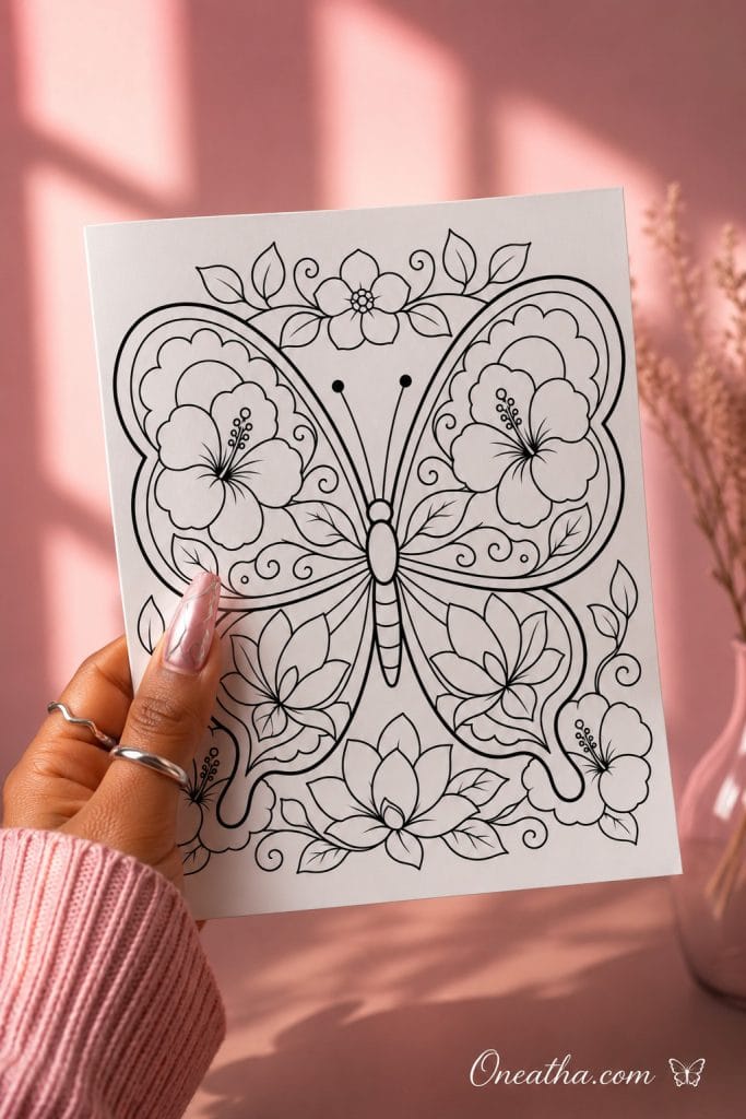 Butterfly floral coloring page by Oneatha