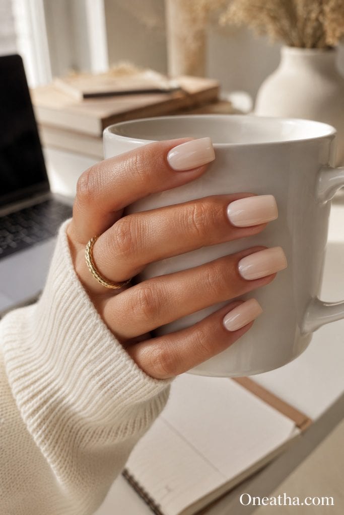 Beige square nails by Oneatha