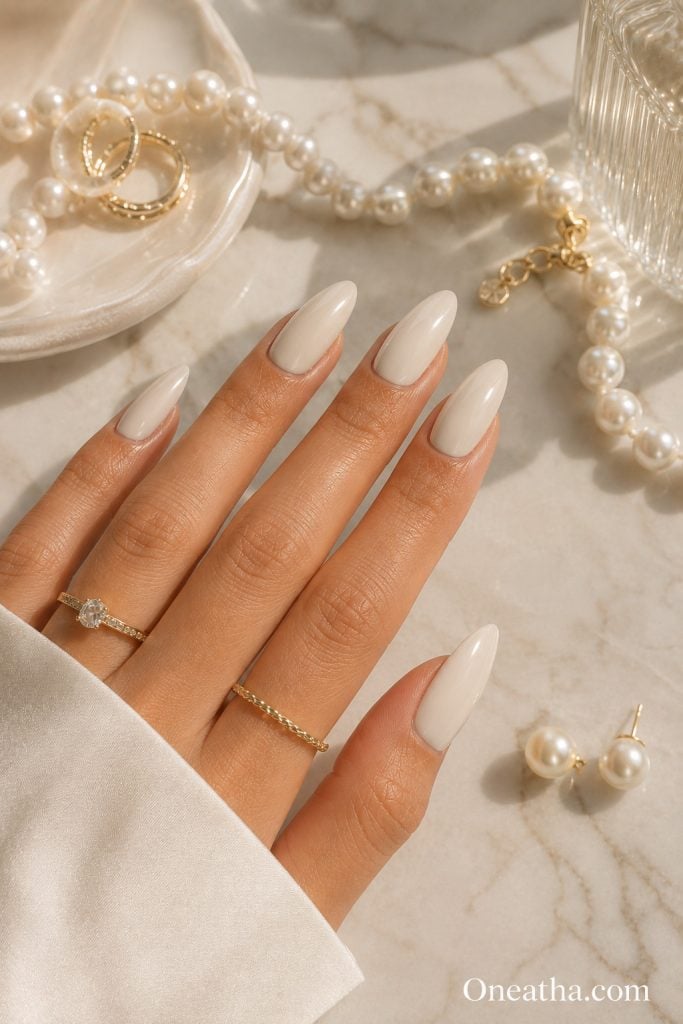 Ivory almond nails by Oneatha