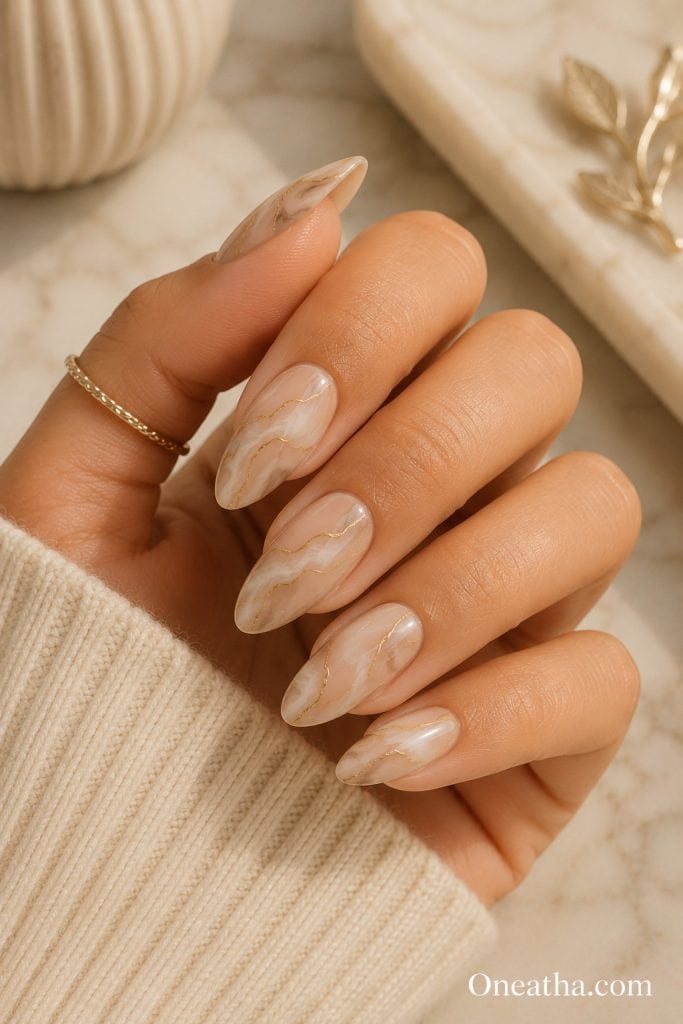 Neutral marble nails by Oneatha