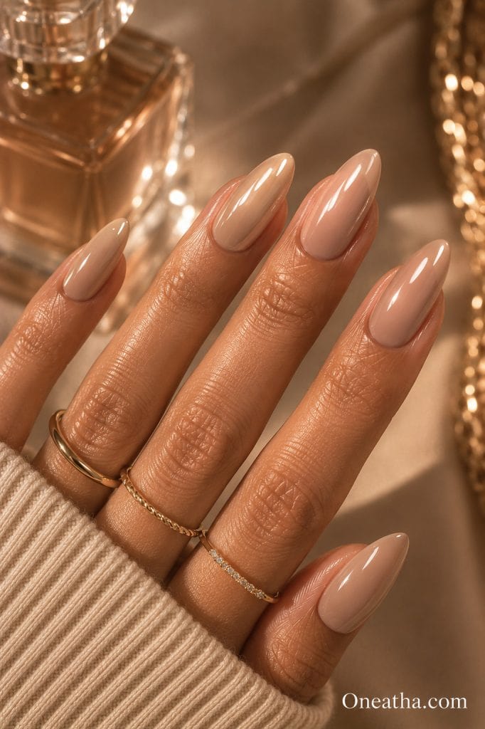 Glossy neutral nails by Oneatha