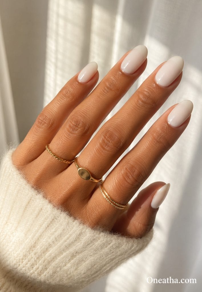 Milky white clean girl nails by Oneatha