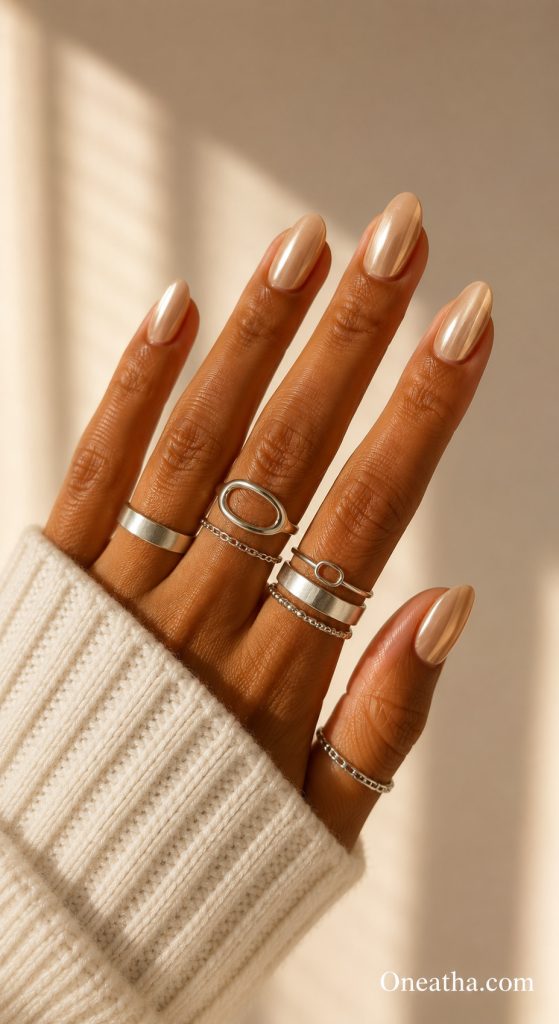 Beige chrome nails by Oneatha
