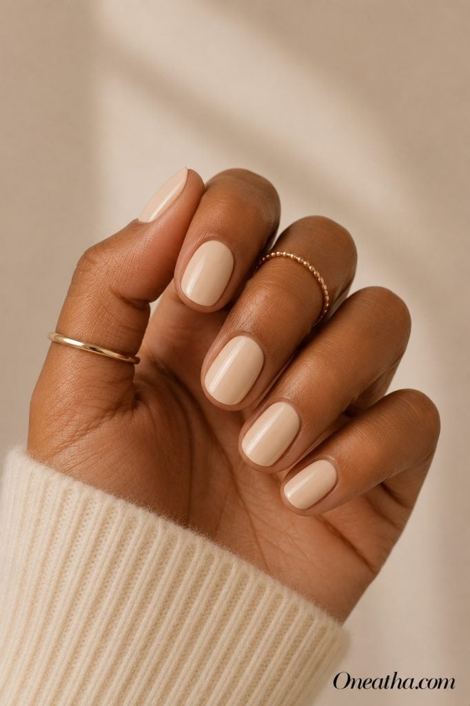 Luxury nail designs by Oneatha featuring warm vanilla cream glossy short rounded nails with gold rings against a soft neutral editorial background.