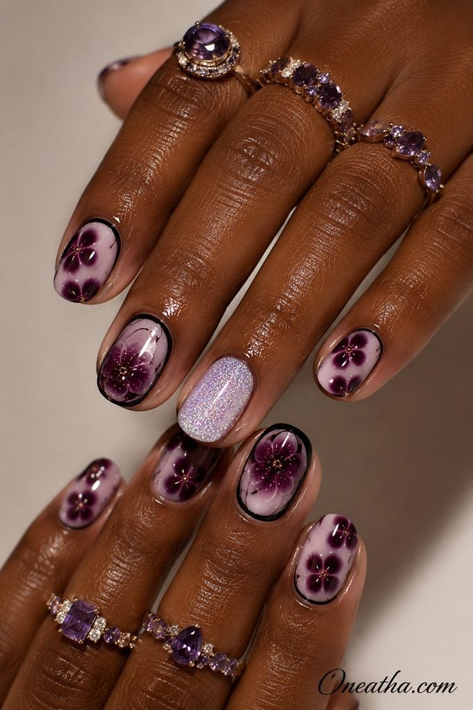 Glossy short oval nails by Oneatha featuring deep purple floral nail art on a soft blush pink base, thin black outlines, one lavender glitter accent nail, and elegant amethyst gemstone rings.