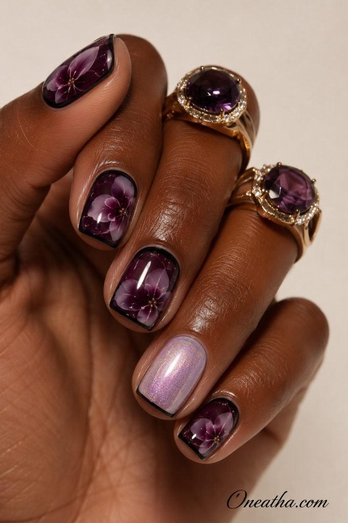 Glossy glass-like purple and lilac floral square nails by Oneatha featuring delicate violet flower artwork, a sparkling glitter accent nail, and a sheer nude base on a warm brown hand model with minimalist gold rings.