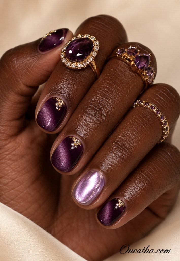 Short glossy nails by Oneatha featuring deep plum velvet shimmer polish, a light lilac chrome accent nail, delicate gold crystal embellishments, and elegant gold rings with purple gemstones against a soft luxury background.
