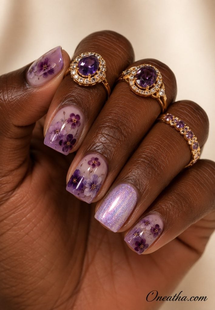 Short square nails by Oneatha featuring delicate purple floral nail art on a sheer lilac base, a shimmering lavender accent nail, glossy finishes, and elegant gold rings with amethyst gemstones against a soft luxury background.