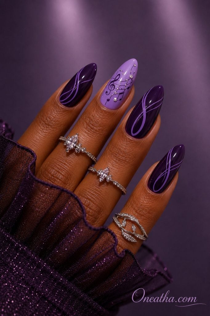 Glossy purple music note nails by Oneatha featuring a lilac accent nail with elegant musical notes, deep violet swirl nail art, silver rings, and a luxurious editorial finish.