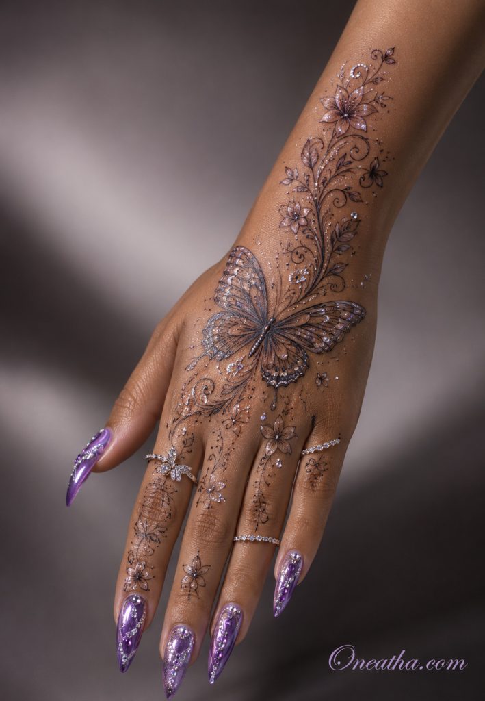 Glossy purple shimmer nails by Oneatha featuring crystal accents, stiletto-shaped nails, an intricate butterfly floral hand tattoo, silver rings, and a luxurious editorial beauty aesthetic.