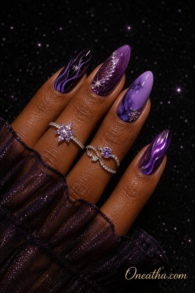 Mystic Violet nail design by Oneatha featuring glossy purple chrome nails with marble art, glitter accents, flowing swirl details, silver gemstone rings, and a luxurious editorial beauty aesthetic.