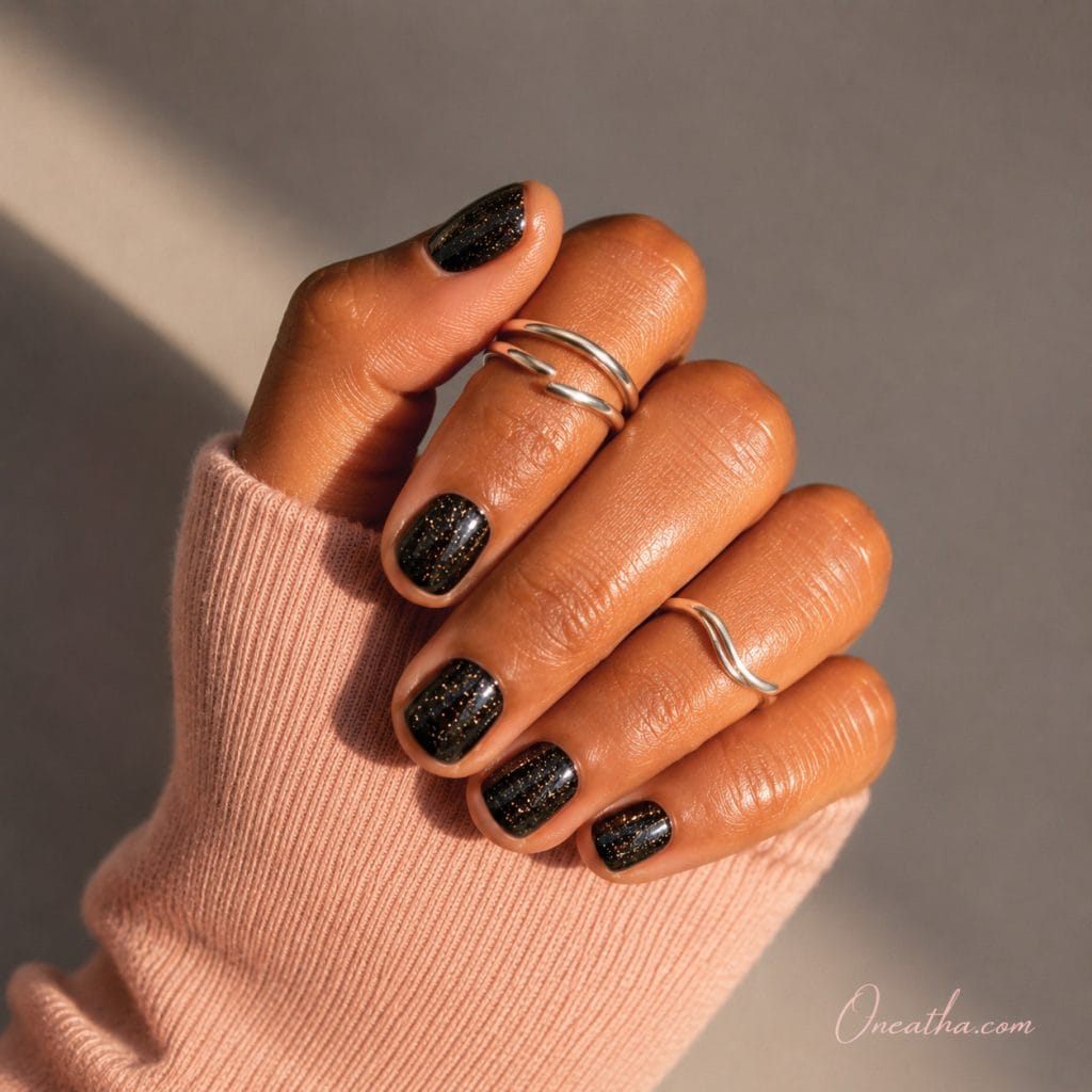 Short glossy black sparkly nails with silver rings.