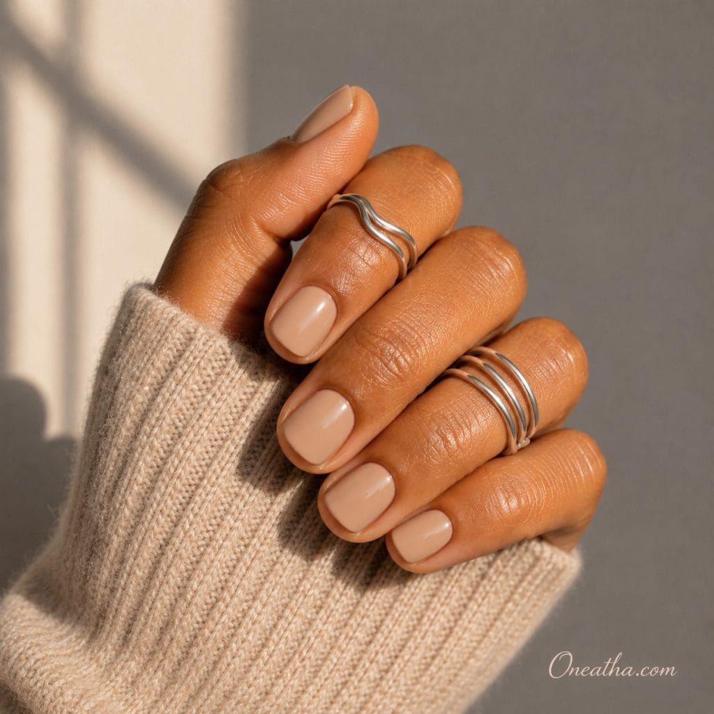 Cashmere nude short nails by Oneatha.
