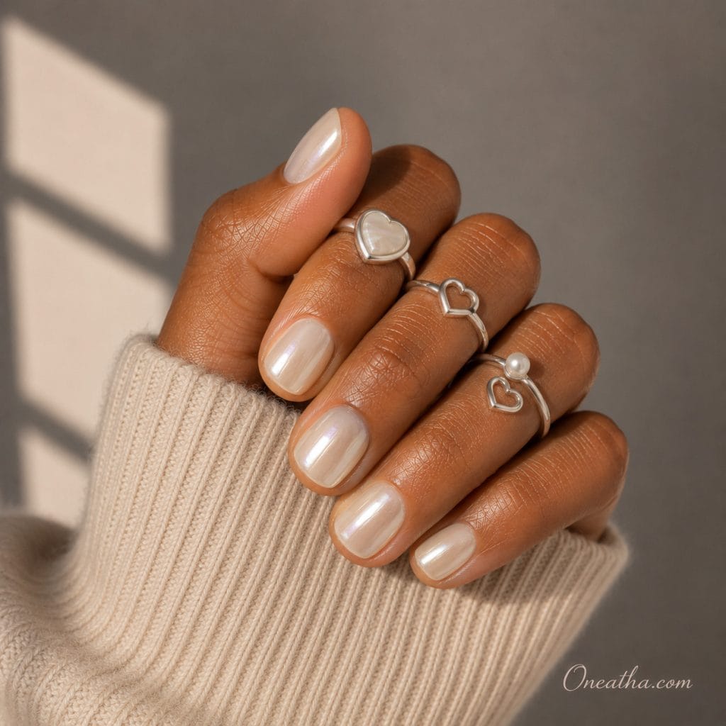 Pearl chrome short nails by Oneatha.