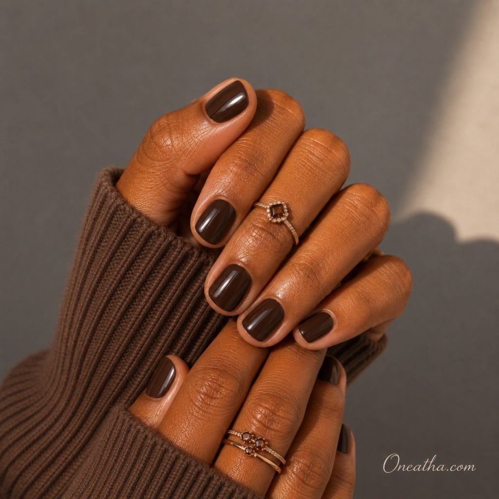 Short glossy espresso brown nails.