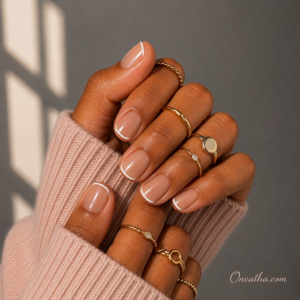 Short glossy French tip nails by Oneatha.