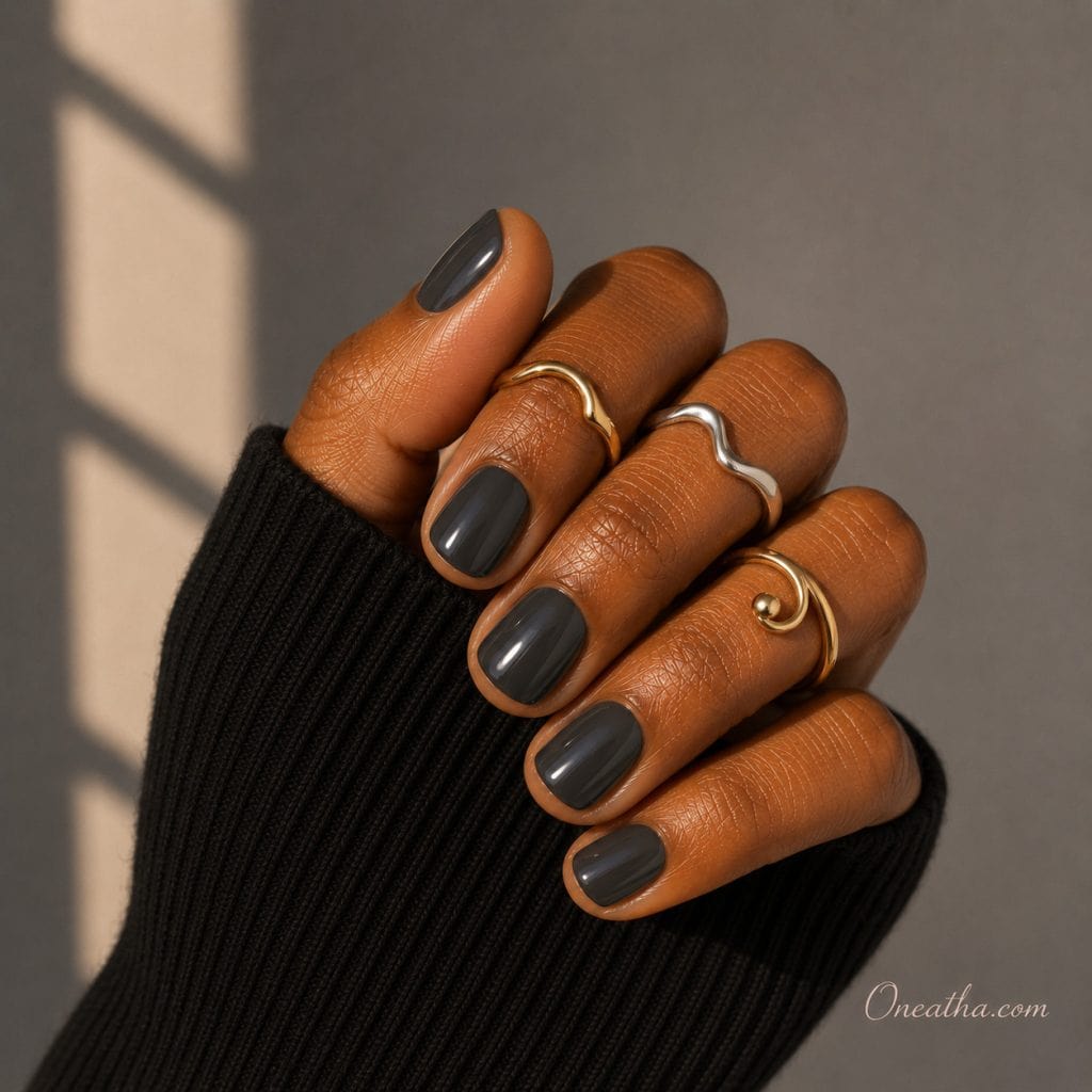 Glossy smoky gray short nails by Oneatha.