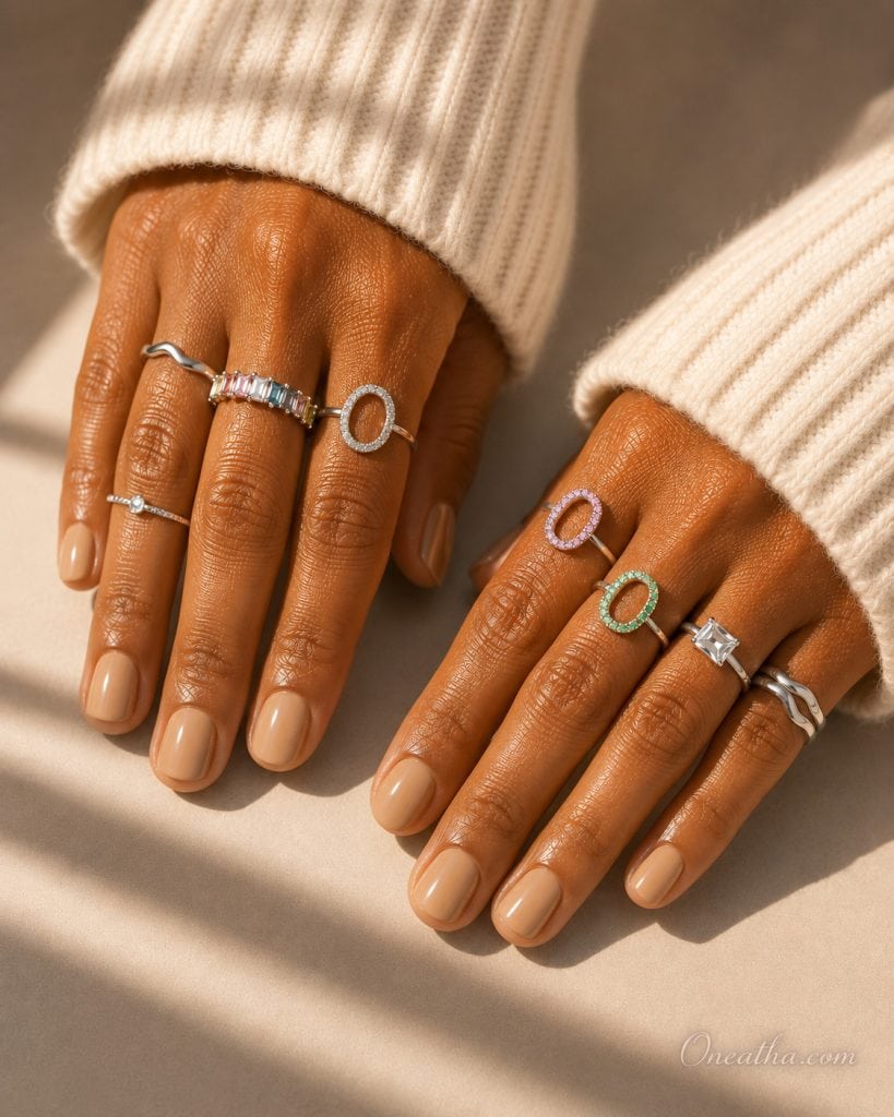 Glossy latte beige short nails by Oneatha.
