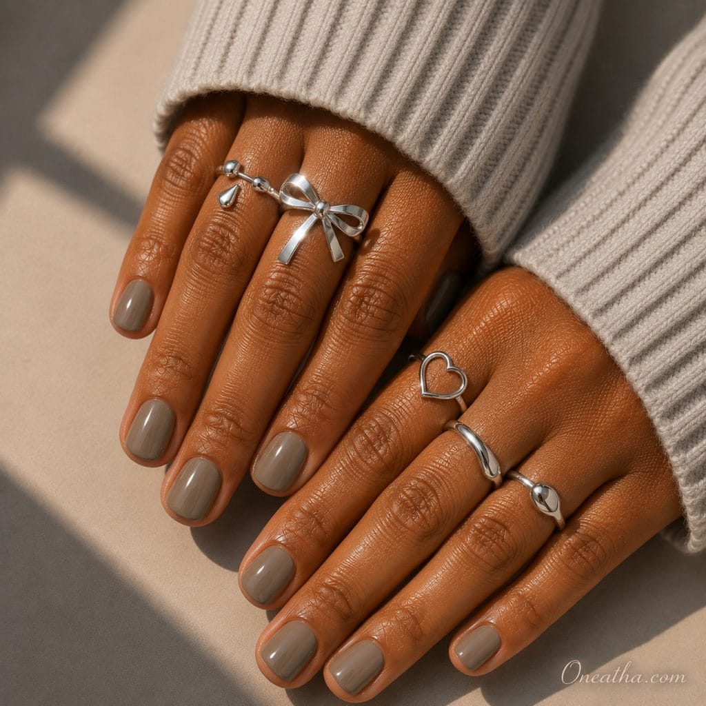 Stone gray glossy short nails by Oneatha.