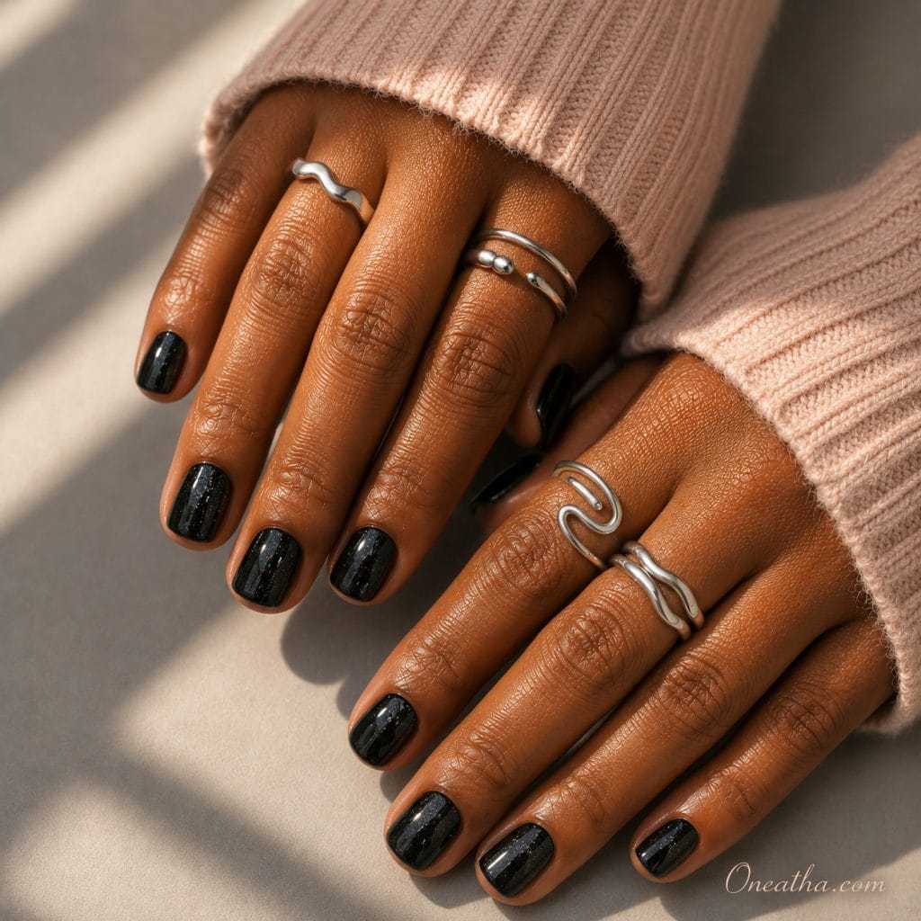 Glossy black sparkly short nails by Oneatha.