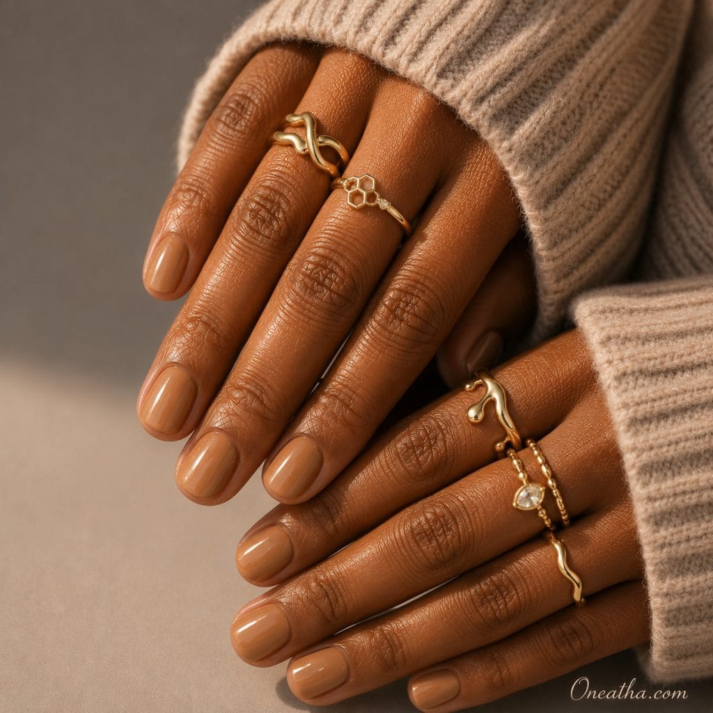 Glossy honey nude short nails by Oneatha.
