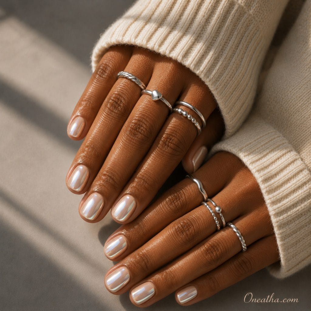 Short mirror pearl nails.